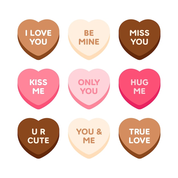 Vector heart shaped chocolate candy conversation heart cute message text cartoon vector illustration