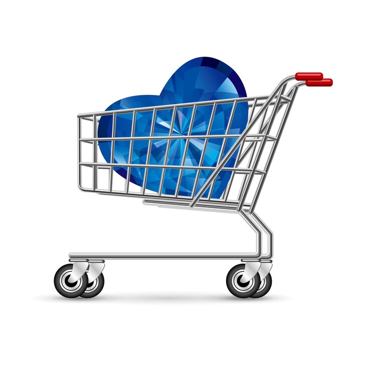 Heart shaped diamonds in the shopping cart, isolated on white background.