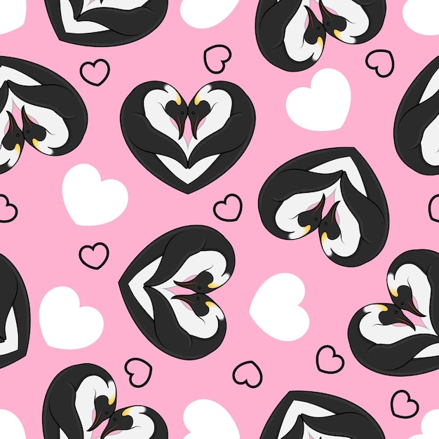 Vector heart shaped emperor penguins pattern