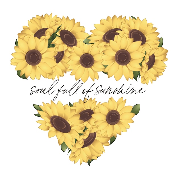 heart shaped floral composition of sunflowers with a quote