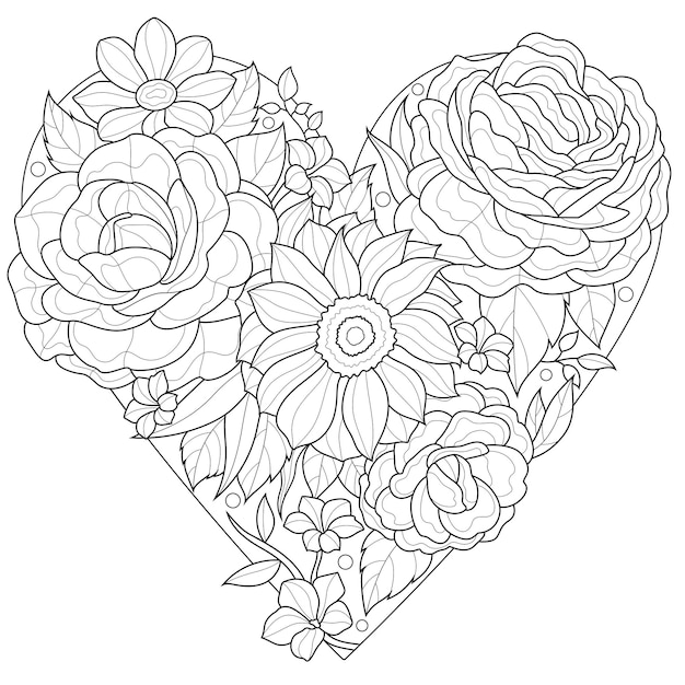 Heart shaped flowers.coloring book antistress for children and adults.