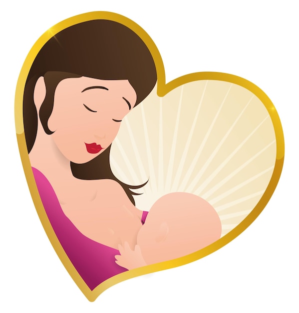 Heart shaped frame with beautiful scene of loving mom with her baby breastfeeding it with love