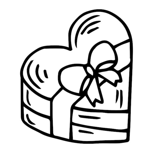 heart shaped gift box with ribbon and bow isolated on white. hand drawn in doodle style