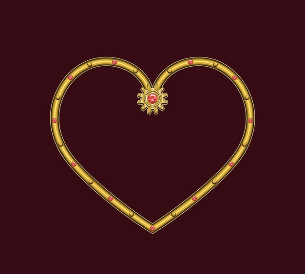 Heart shaped golden frame in steampunk style decorated with red gemstones gear rivets