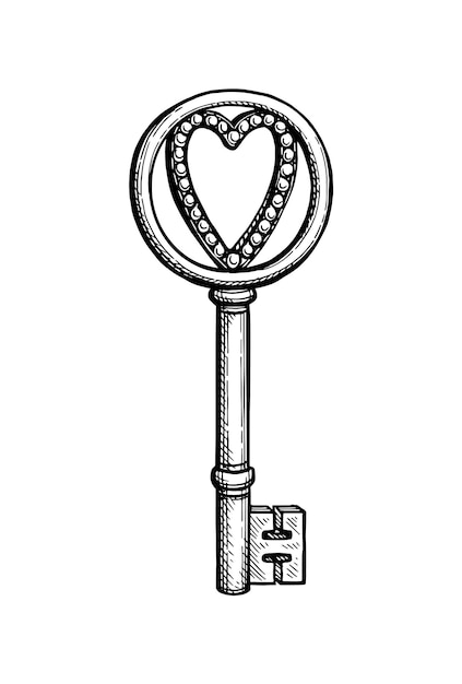 Vector heart shaped key ink sketch