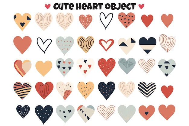 Heart shaped logos and objects in cute style isolated on background