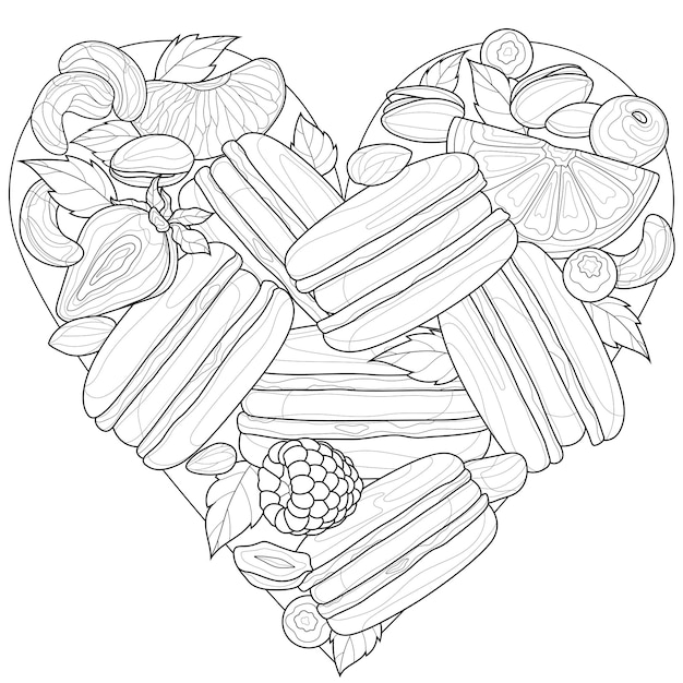 심장 모양의 마카롱과 열매. 어린이와 성인을 위한 색칠 공부 책 안티 스트레스.