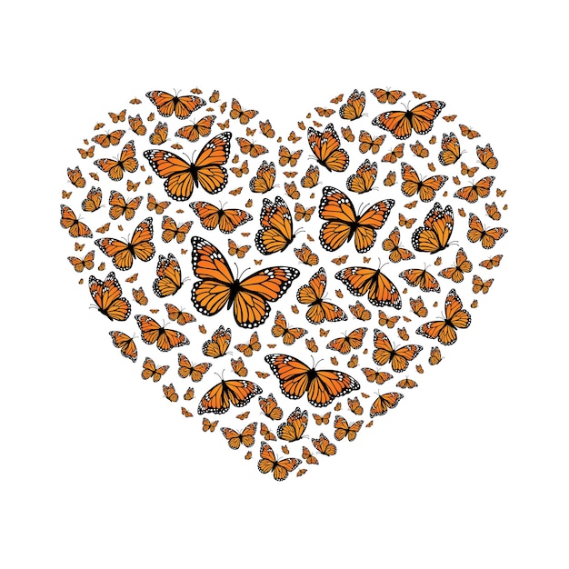 Heart shaped Monarch butterflies Vector illustration isolated on white background