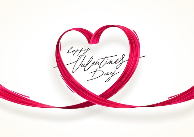 ハート型のペイントブラシストローク。赤いリボンでバレンタインデーの挨拶。愛のシンボル。