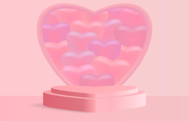 Heart shaped podium on many jelly hearts in a big heart box backdrop Sweet pink pastel concept