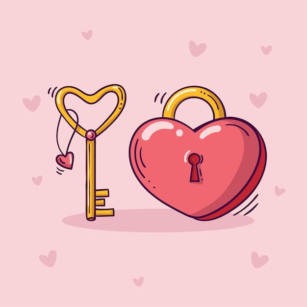 Vector heart shaped red lock with golden key with a little heart in doodle style