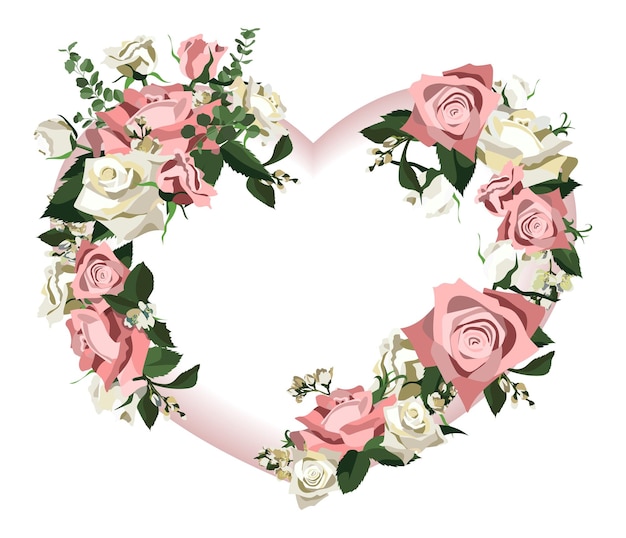 Vector heart shaped rose floral wreath isolated on white background. valentine day card template