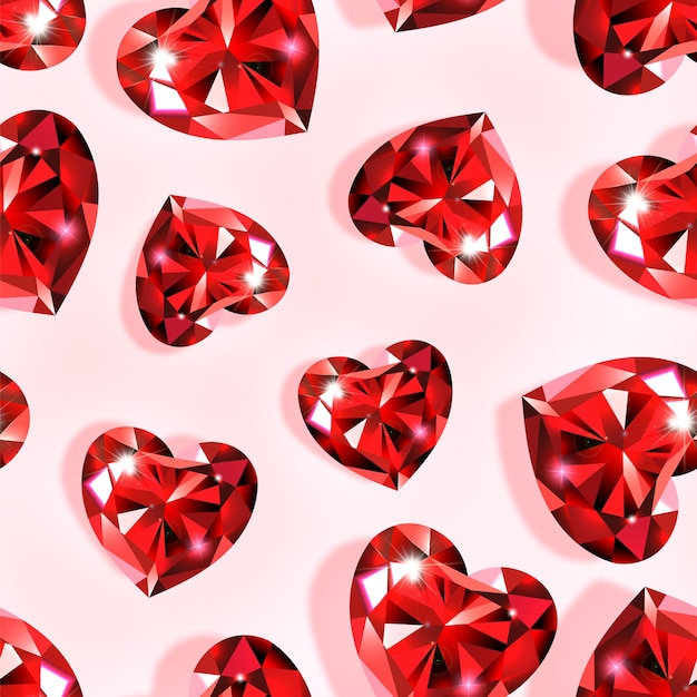 Vettore modello senza cuciture a forma di cuore con rubini rossi.