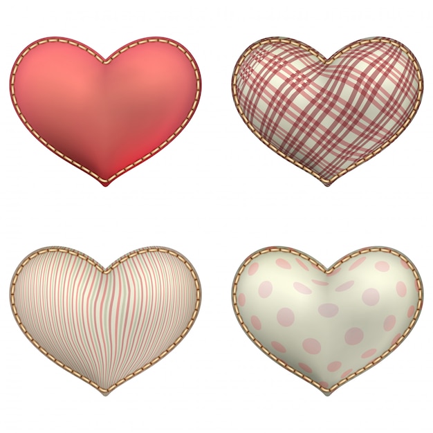 Heart-shaped soft toy set isolated.