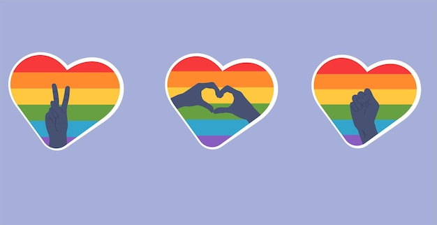 Heart-shaped stickers with lgbt flag with hands meaning victory, peace, love and fight for rights.