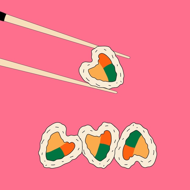 ハート型の寿司と箸はベクトル イラストです。愛またはバレンタインまたは愛のテーマ。