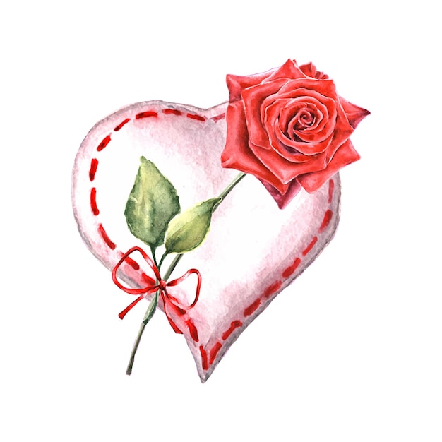 Vector heart shaped valentine with red rose watercolor illustration isolated on white