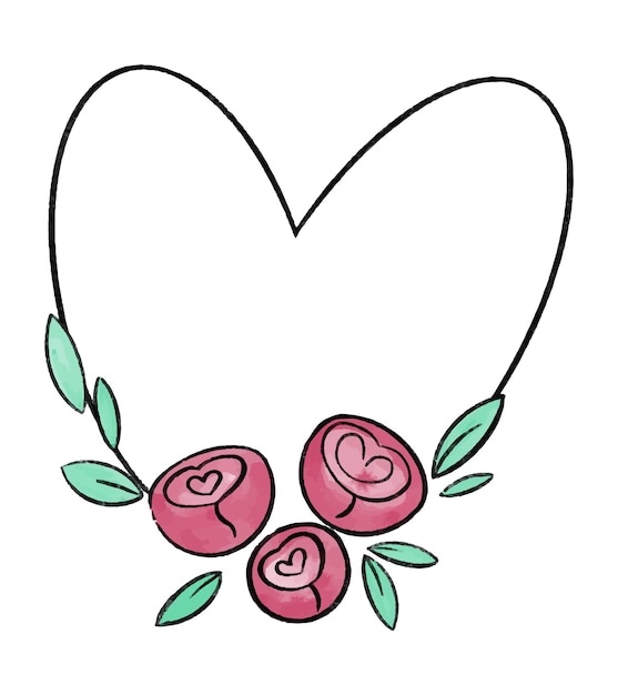 Vector heart shaped vector frame decorated with roses and peonies hand drawn watercolor.