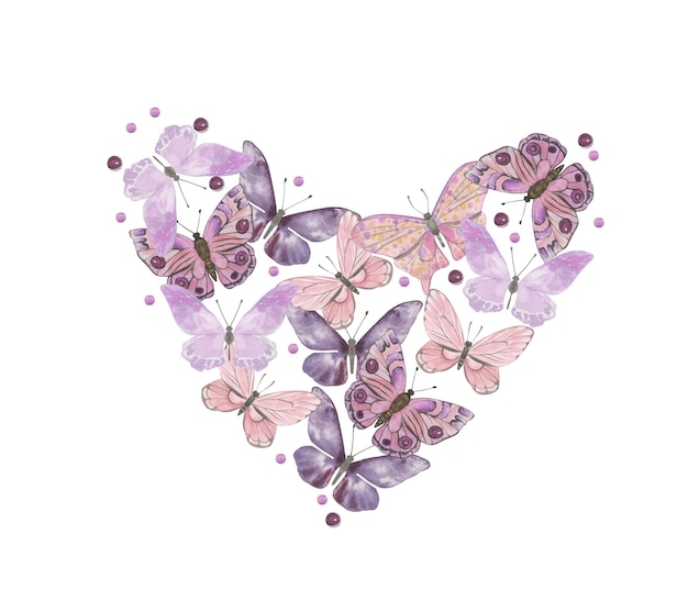 Heart shaped watercolor butterflies purple