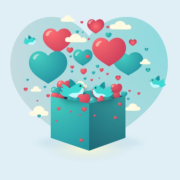 ベクトル 明るい青の背景に愛らしい鳥のカップルの雲と箱から出てくるハートの形バレンタインデーや愛のコンセプト