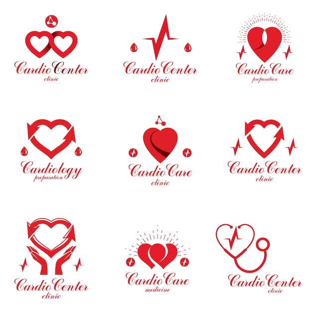 Heart shapes composed using pulsating ecg charts and phonendoscope. Disorders in cardiovascular system diagnosis clinic vector emblem for use in medical care advertisement.