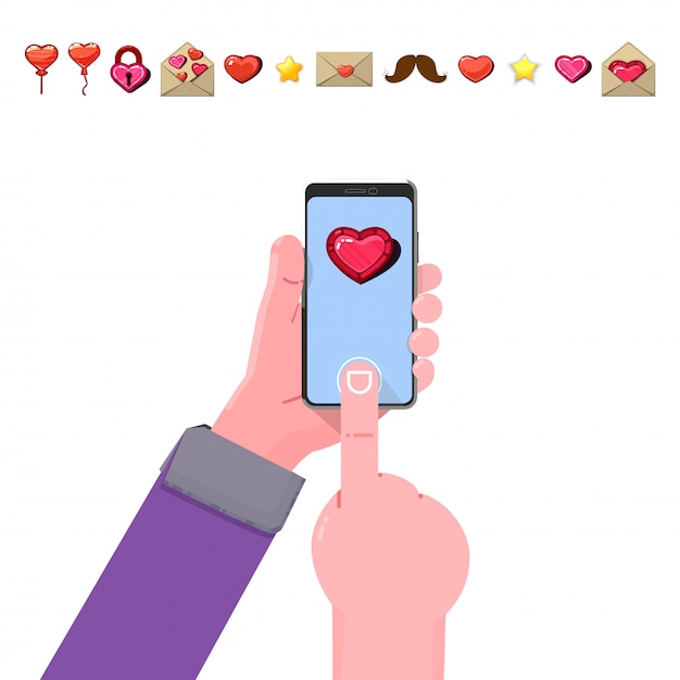 Vector heart on a smartphone in hand