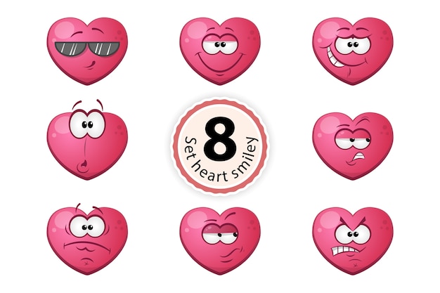 Heart smiley satisfaction, self-confidence, surpride, grin, oh, suspiction, glasses, anger.