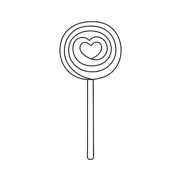 Lollipop a spirale del cuore in stile doodle illustrazione vettoriale in bianco e nero per libro da colorare