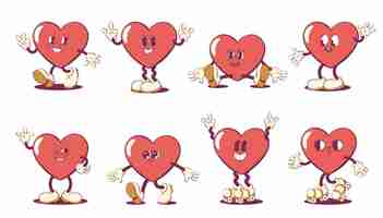 Vector heart and stra retro groovy mascot characters