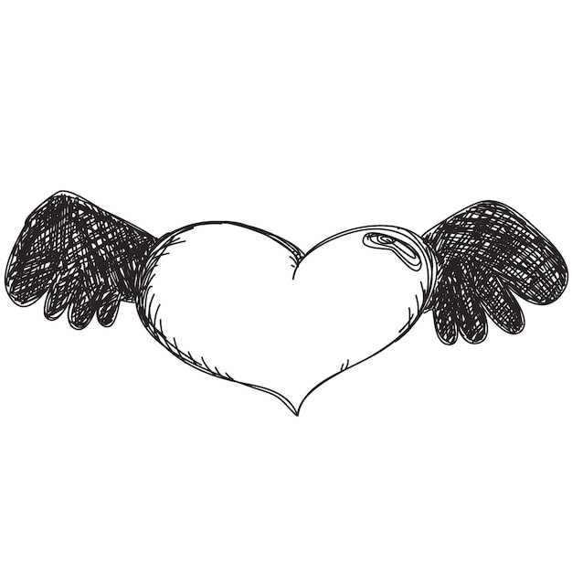 Vector heart symbol fly on wings sketch engraving. romantic love lovesickness symbol. valentine day symbol