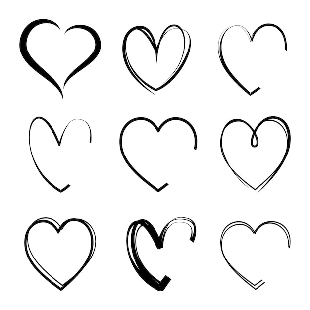 Simbolo di cuore a mano disegnato in stile set iconica d'amore disegnata a mano isolata su sfondo bianco