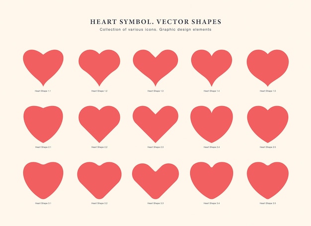 Heart symbol vector red shapes collection of various flat icons isolated on light background. valentines day assorted different hearts graphic love symbol design elements set. modern heart sign group