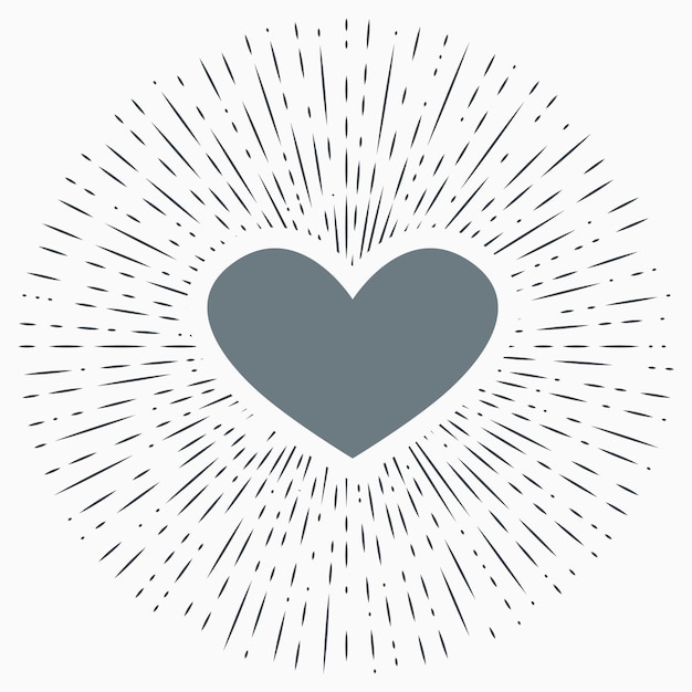 Vector heart symbol with sunburst on grunge background