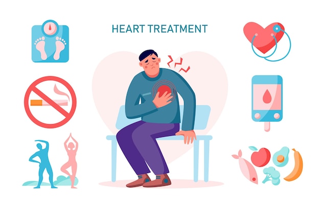 心臓治療の心臓血管の問題、人と心臓の痛みのインフォグラフィック。健康的なライフスタイルのコンセプト。ベクトルフラットイラスト。体重計、心臓、運動、食品、糖尿病管理