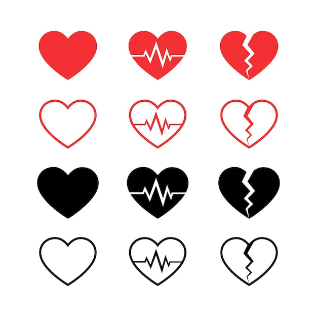 Heart vector icons and set of heartbeat and broken heart and normal heart symbol icon collection