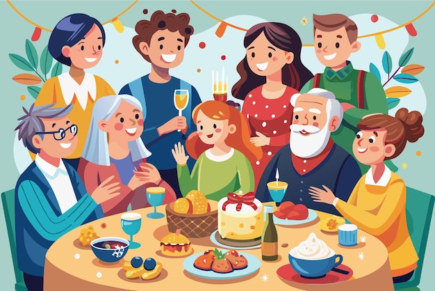 Vettore heart warming illustration of a family celebrating and enjoy birthday party snaks