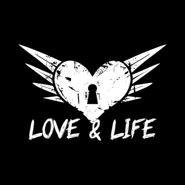 Heart wings Illustration with text love and life black and white grunge style premium vector