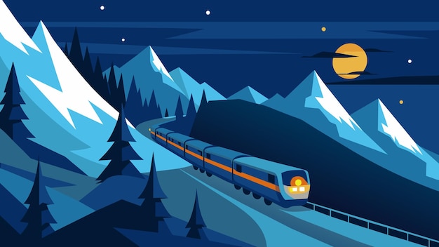 Vector in the heart of winter a train chugs determinedly through a snowy mountain pass its headlights