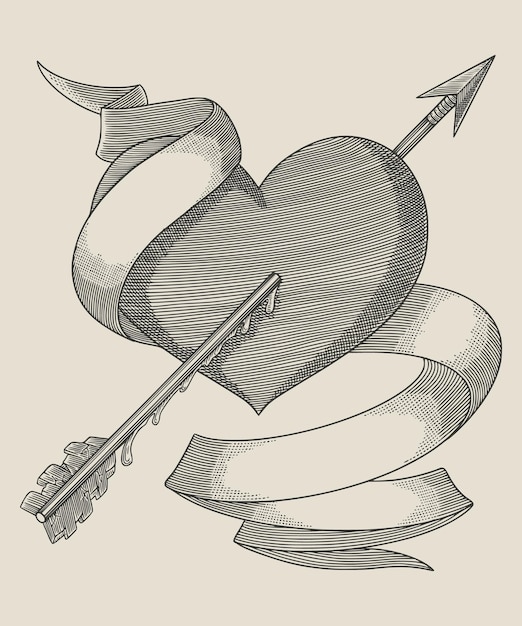 화살표와 배너와 심장 핸드 드로잉 빈티지 조각 그림