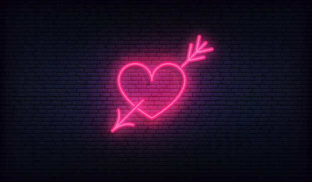 Vector heart with arrow neon sign, glowing purple heart signboard design