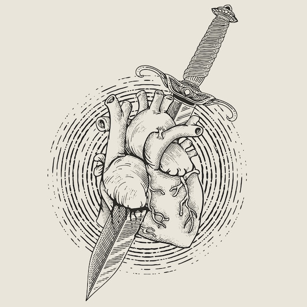 Heart with dagger engraving style