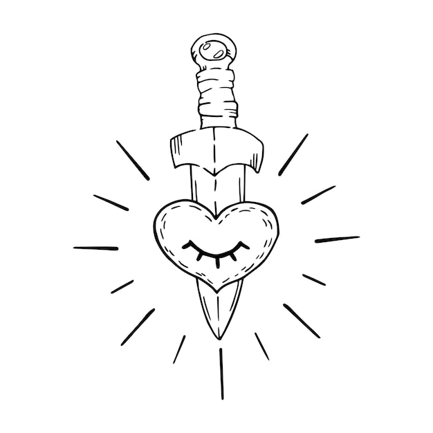 Vector heart with dagger tattoo style hand drawn illustration