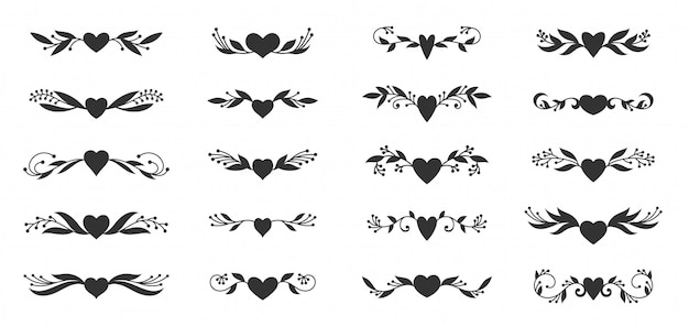 Heart with floral ornaments silhouettes set