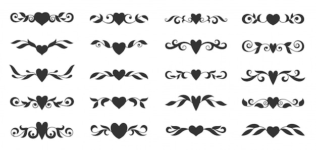 Vector heart with floral ornaments silhouettes set