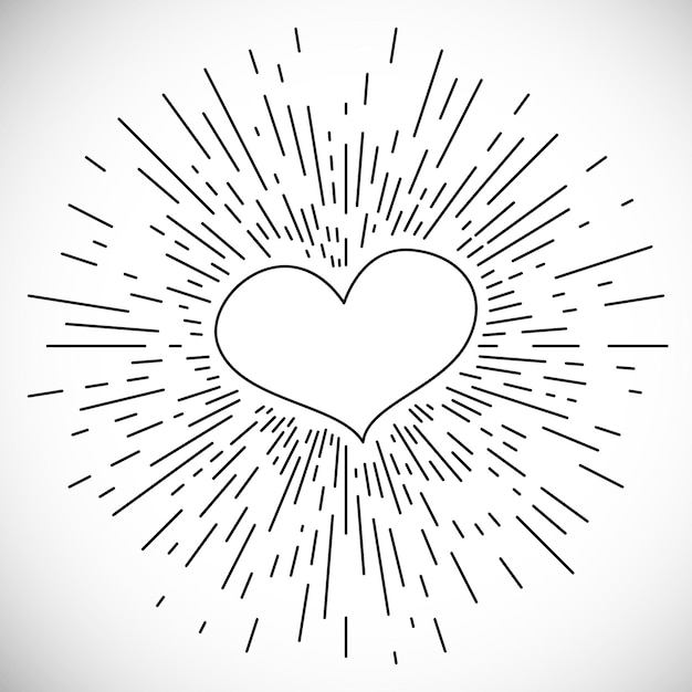 Heart with Hand Drawn Vintage Bursting Rays. Retro Design Element. Vector illustration