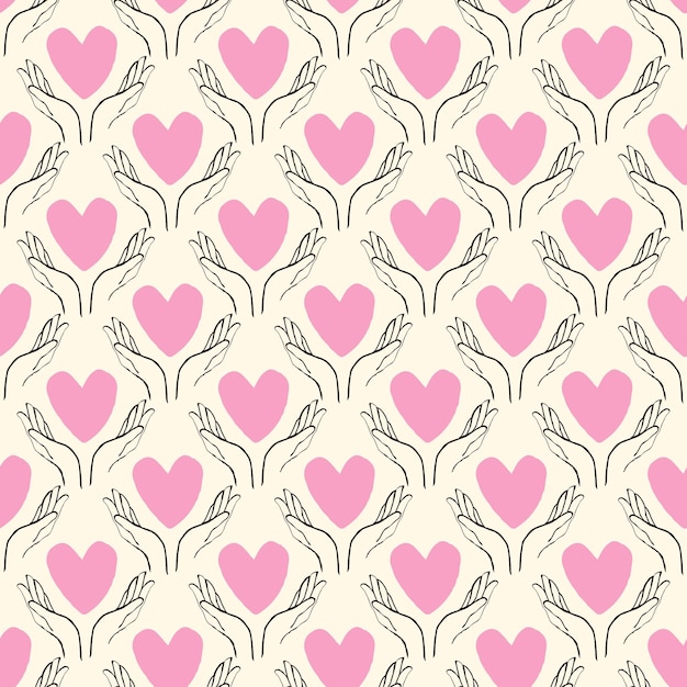 Heart with hands seamless pattern in modern doodle style