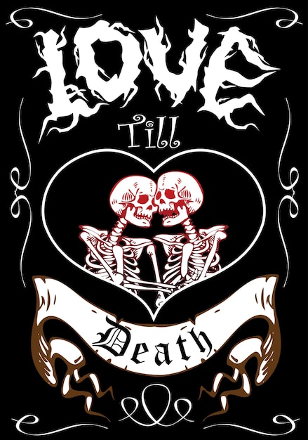 Heart with hugging skeletons of lovers with an inscription in the style of a cartoon tattoo