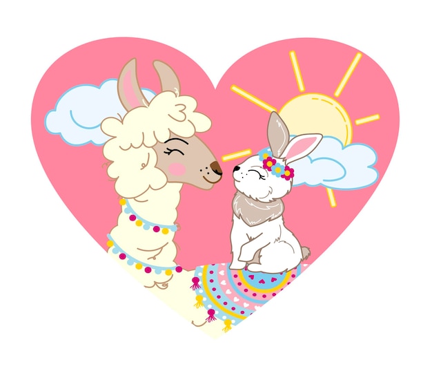 Heart with the image of an alpaca and a rabbit against the background of sunrise and sunset