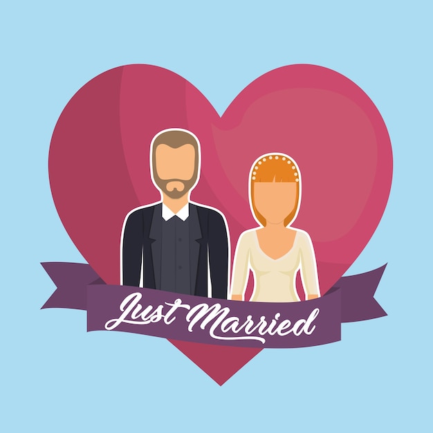 heart with just married couple icon and decorative ribbon