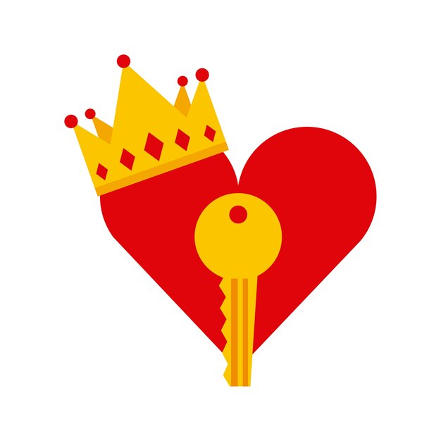 Heart with key and crown icon over white background.